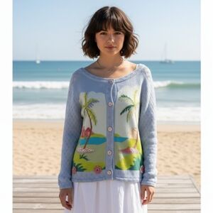 Vtg Storybook Knits Tropical IslandScenic Cardigan Sweater L 90s Art To Wear